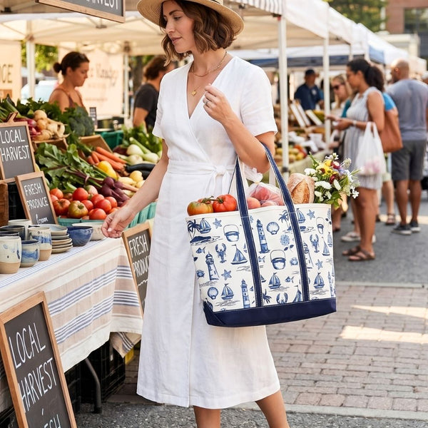 Seaside Toile Canvas Beach Tote Bag in Blue and White, Coastal Market Tote with Lighthouses and Sailboats at Farmers Market