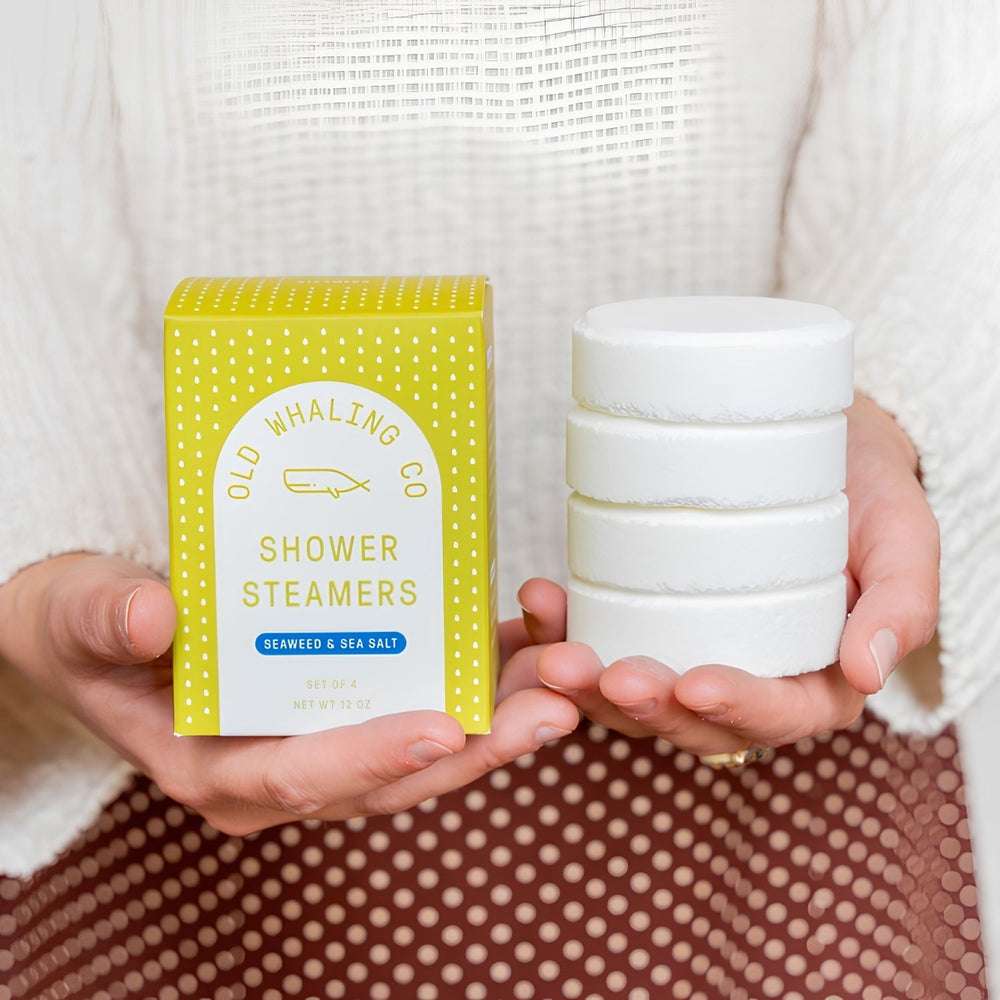 Seaweed and Sea Salt Shower Steamers Set of 4 with White Tablets and Coastal-Inspired Packaging