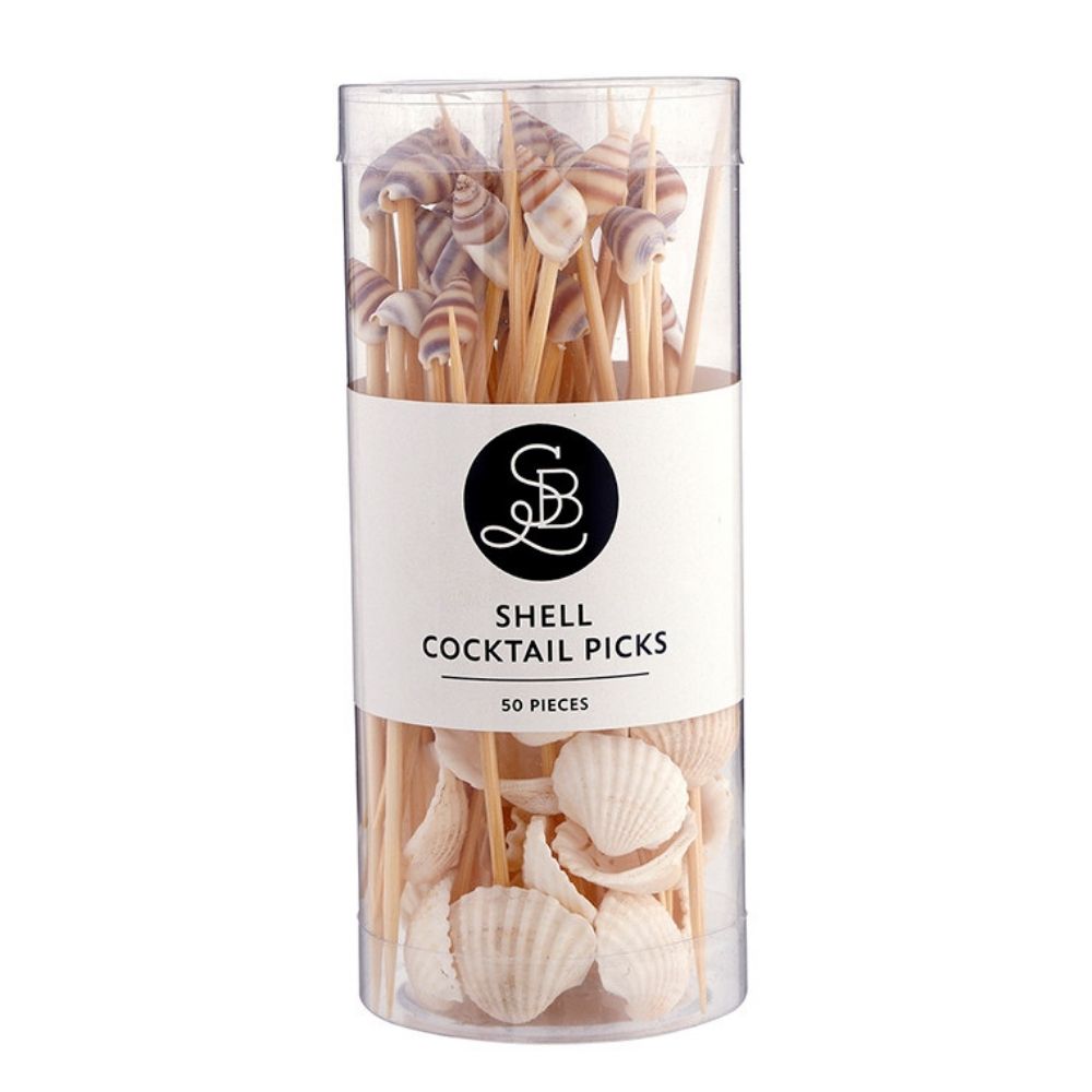 Container filled with shell-topped bamboo cocktail picks for entertaining