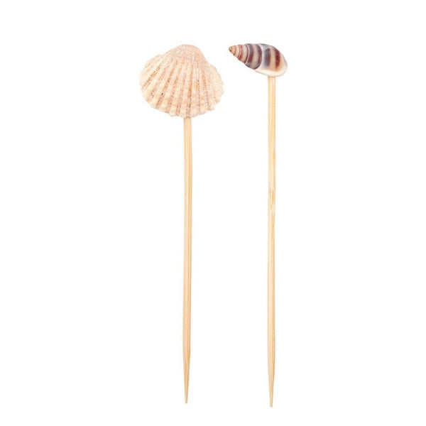 Bamboo cocktail picks topped with natural shells for appetizers and drinks