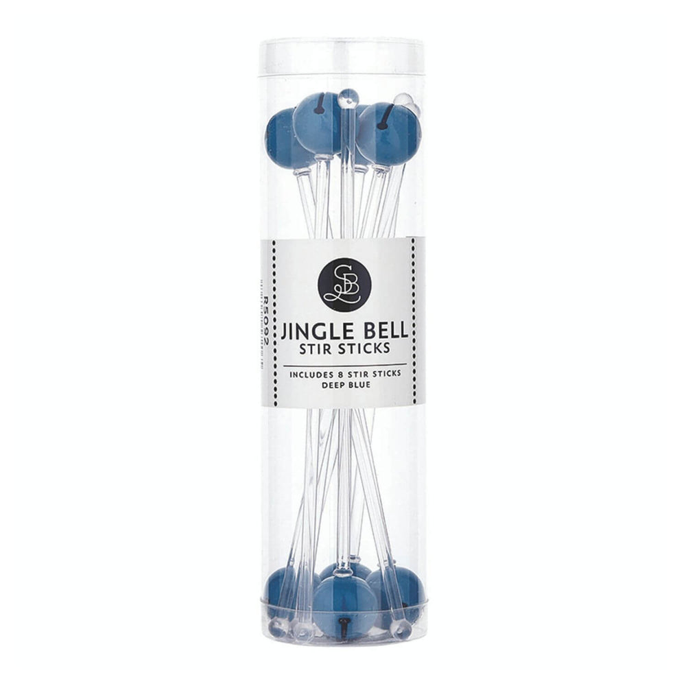 Pack of Jingle Bell Stir Sticks in deep blue on a white background
