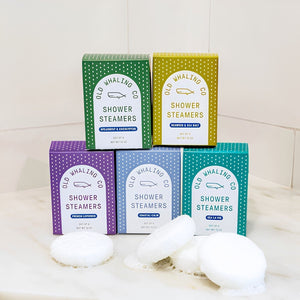 Collection of Old Whaling Co. Shower Steamers in Colorful Boxes with White Aromatherapy Tablets, Coastal Gift for Bath & Body