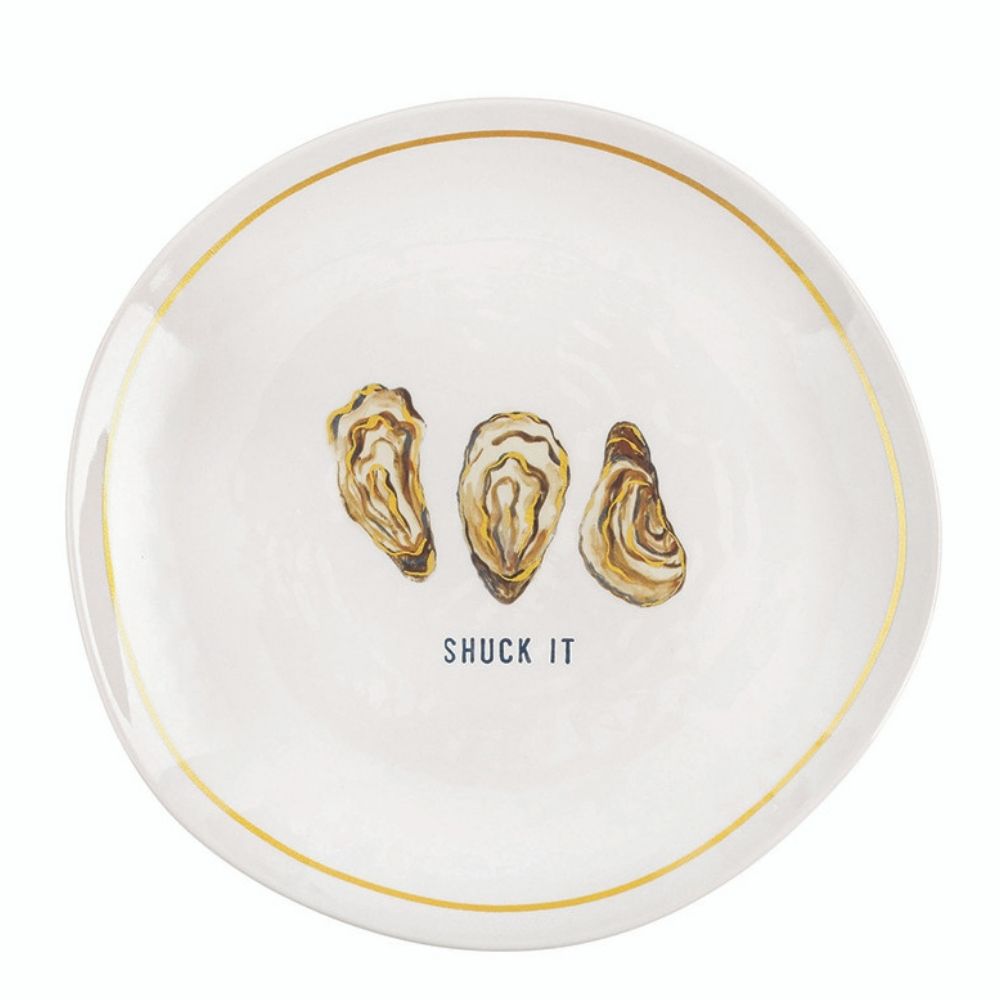 Shuck It melamine appetizer plate with gold foil oyster illustrations and gold rim