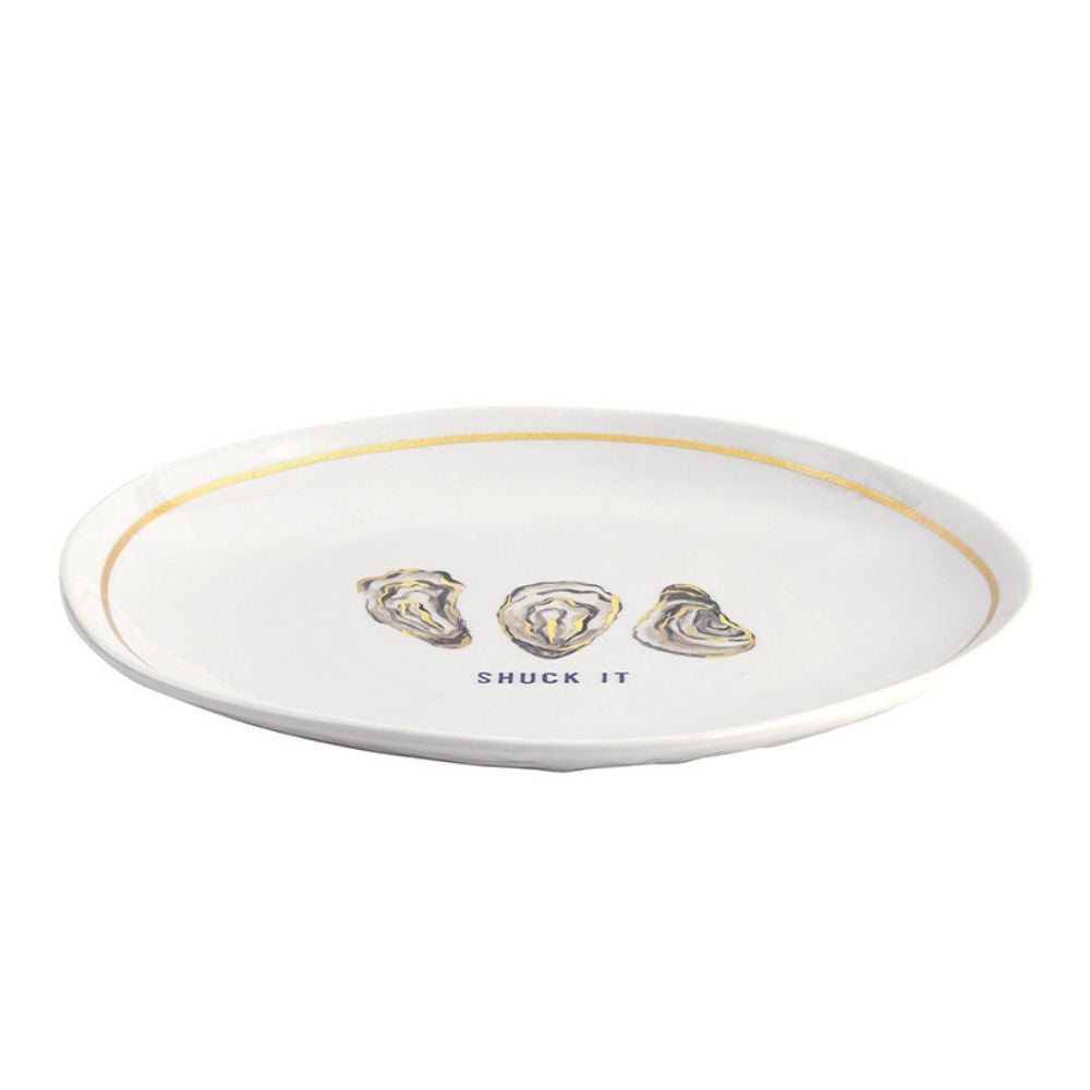 Shuck It melamine appetizer plate with gold foil oyster illustrations and gold rim
