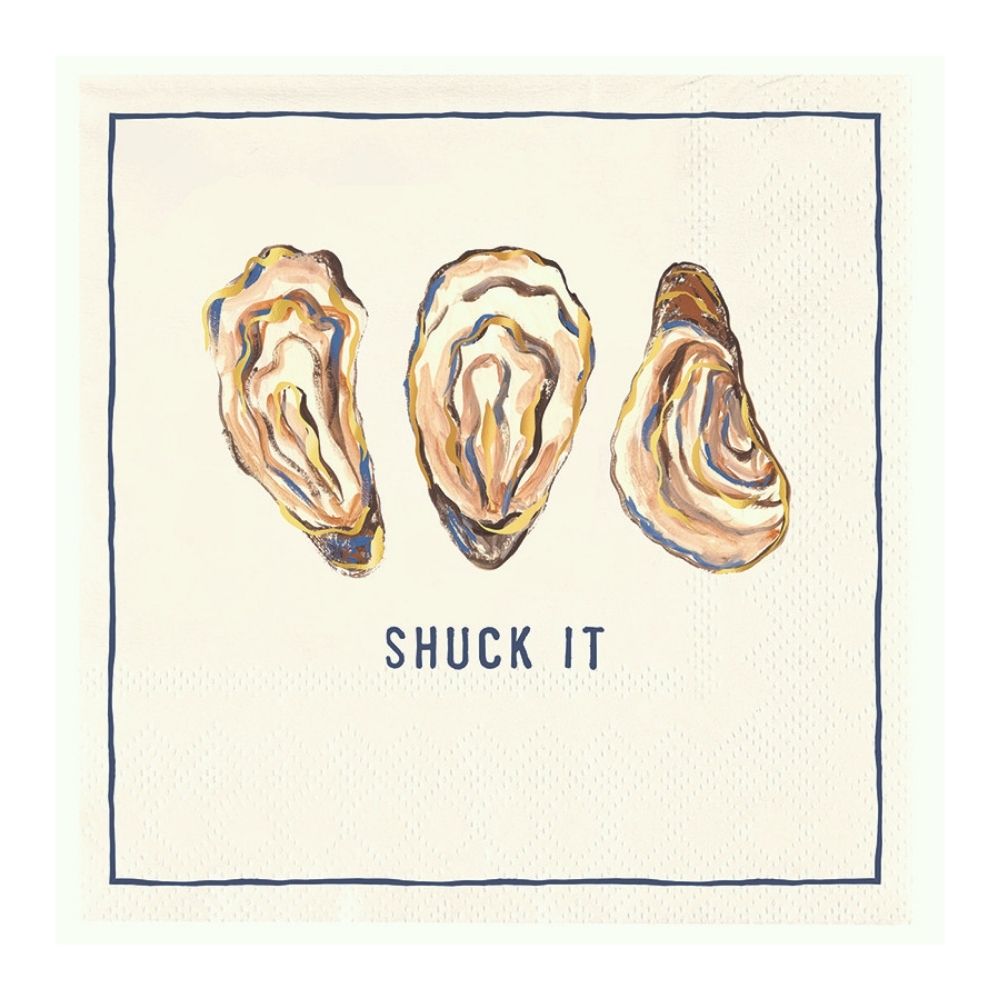 Shuck It oyster cocktail napkin with three illustrated oysters and navy border on paper napkin