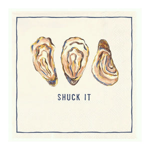 Shuck It oyster cocktail napkin with three illustrated oysters and navy border on paper napkin
