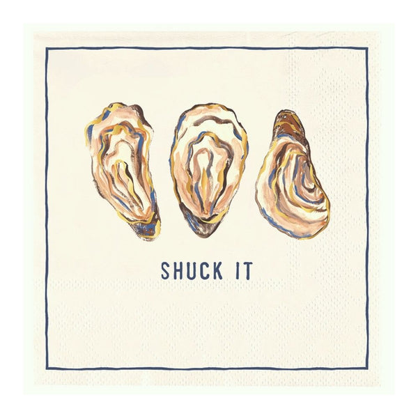 Shuck It oyster cocktail napkin with three illustrated oysters and navy border on paper napkin
