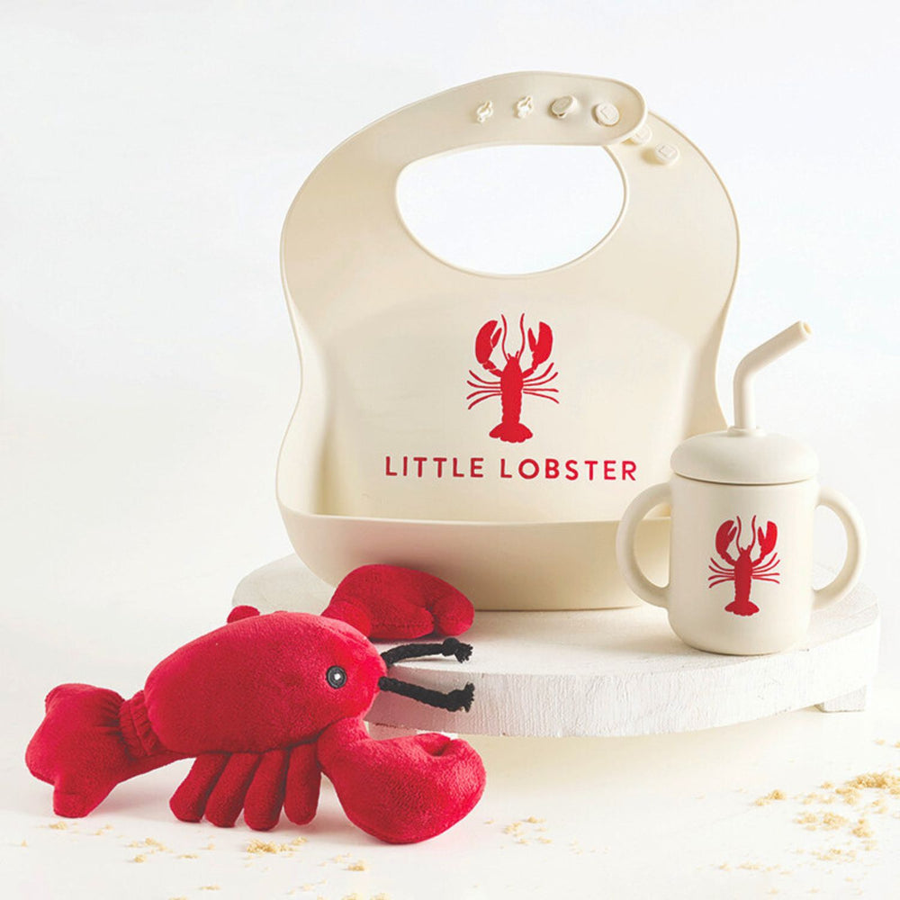 Waterproof silicone lobster baby bib with adjustable snap closure and deep pocket