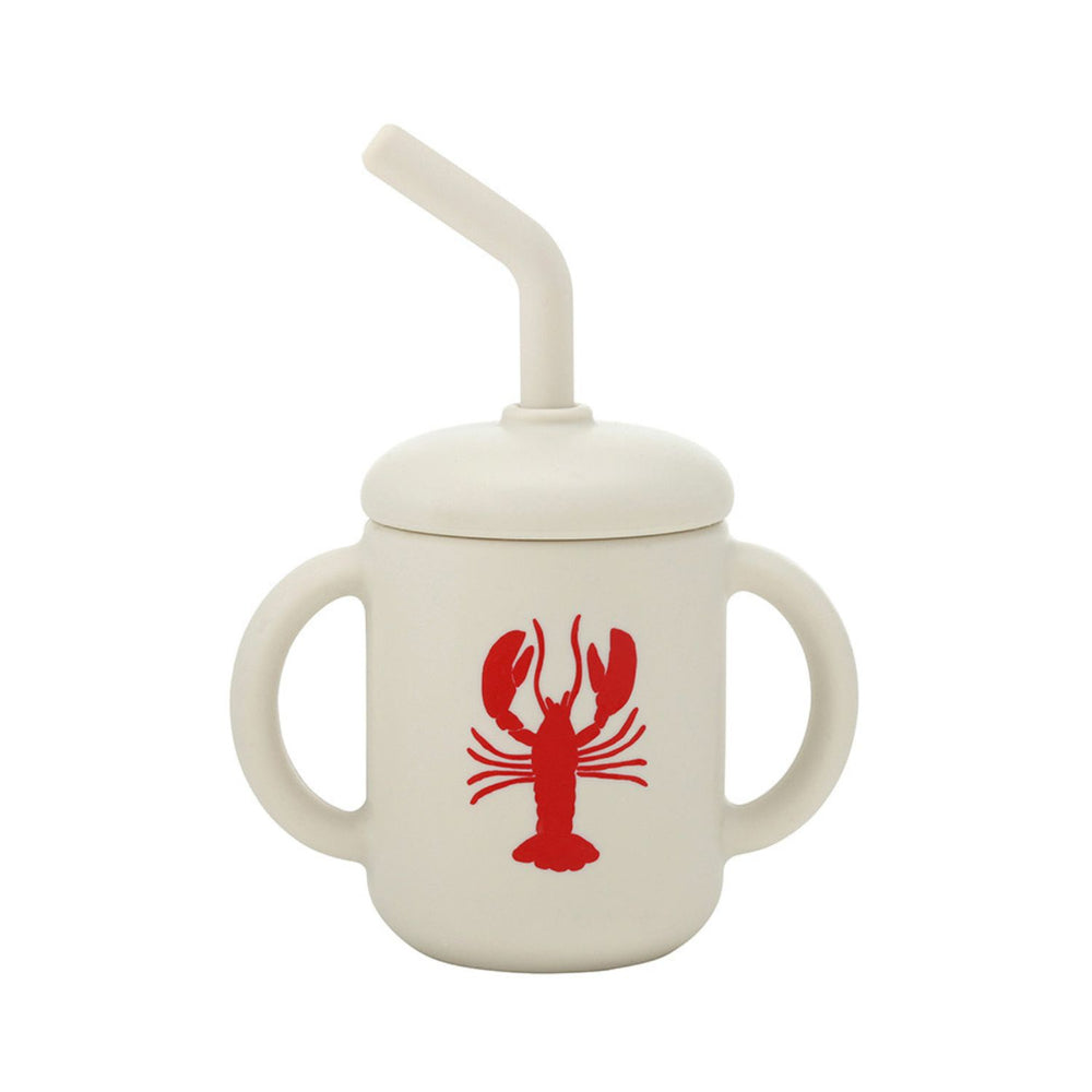 BPA-free silicone red lobster sippy cup with straw and side handles.