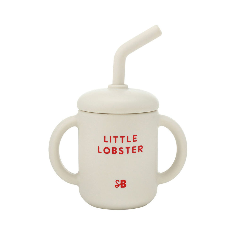 BPA-free silicone red lobster sippy cup with straw and side handles.
