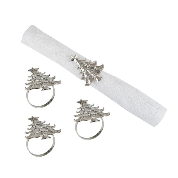 Set of 4 silver napkin rings shaped like minimalist Christmas trees, adding a contemporary and elegant touch to holiday table settings.