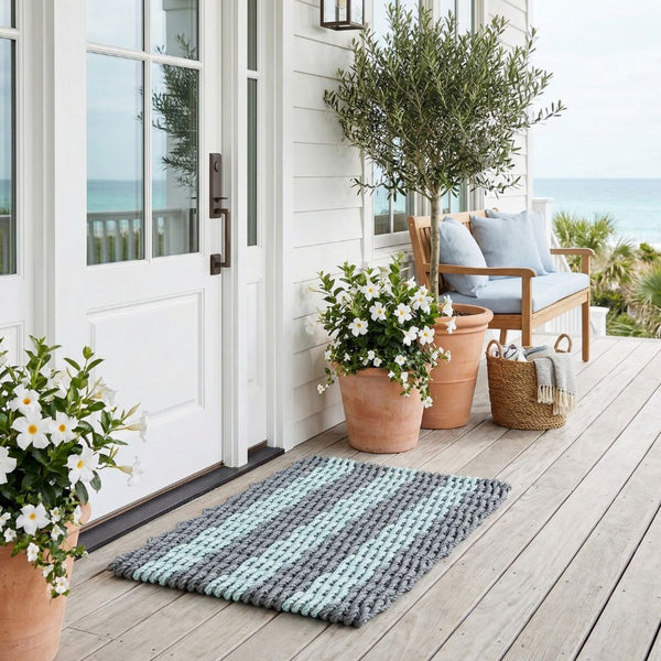 Silver And Seafoam Cabana Stripes Wicked Good Lobster Rope Doormat, Handwoven In Maine With Weatherproof Lobster Rope, Modern Striped Outdoor Mat