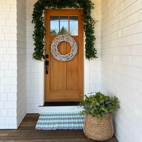 Outdoor Door Mat, Wicked Good Lobster Rope Doormats in Silver & Seafoam Cabana Stripes