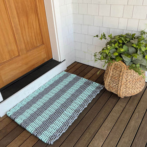 Waterproof Outdoor Door Mats, Outside Door Mats in Silver & Seafoam Cabana Stripes