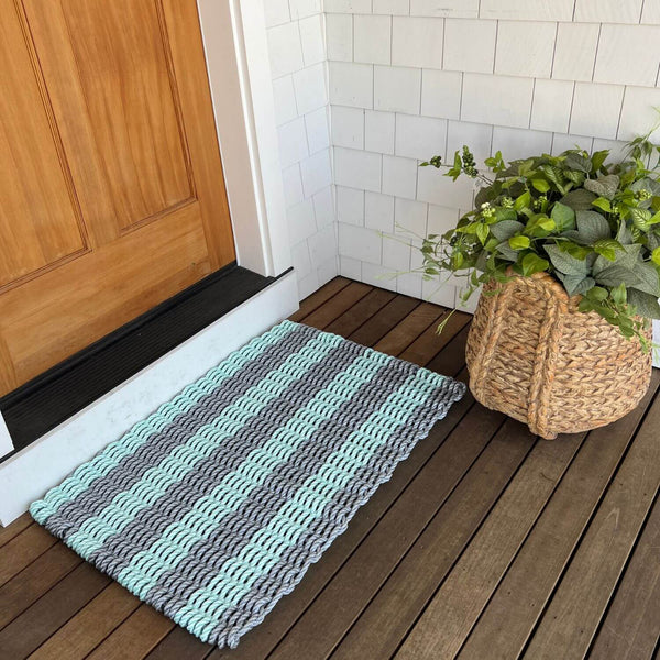 Waterproof Outdoor Door Mats, Outside Door Mats in Silver & Seafoam Cabana Stripes