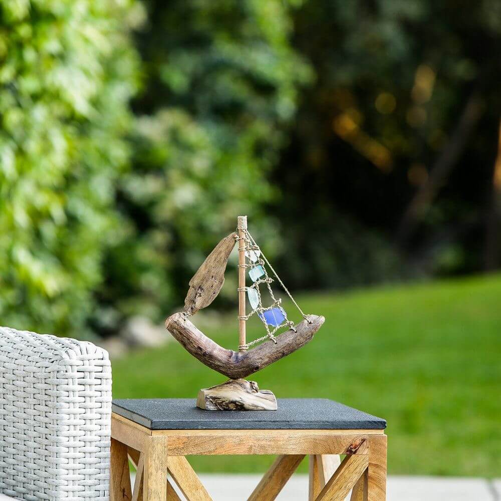 Small Driftwood Boat with Recycled Glass, 13"