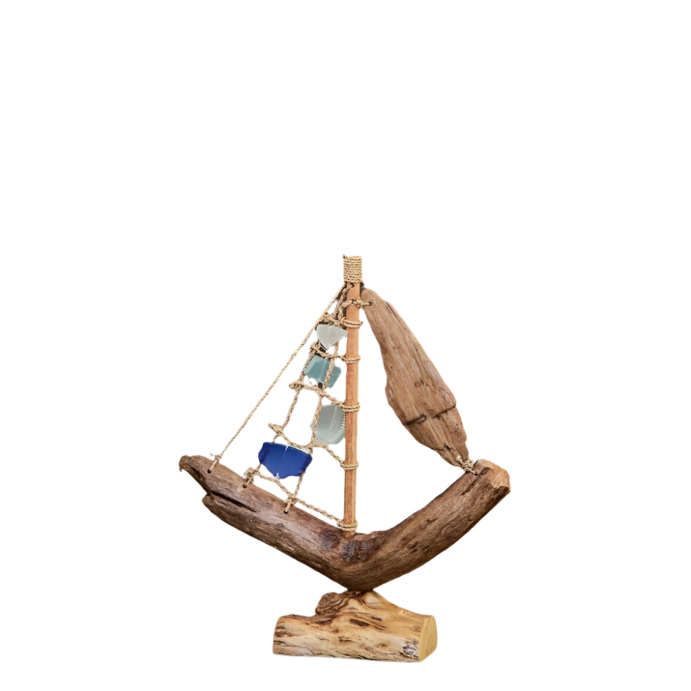 Small Driftwood Boat with Recycled Glass, 13"