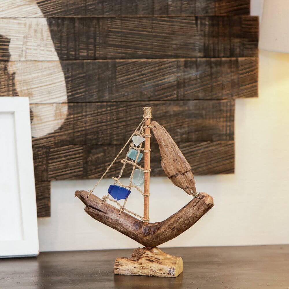 Small Driftwood Boat with Recycled Glass, 13"