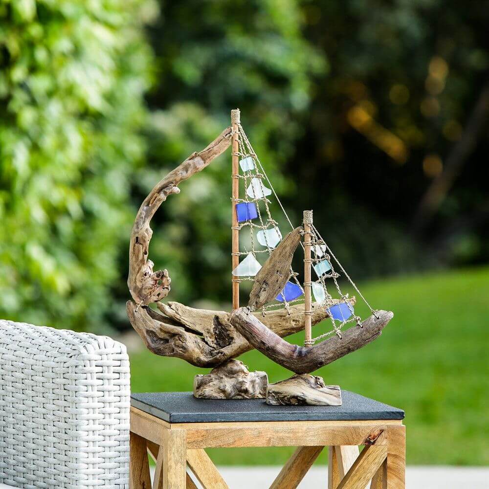 Small Driftwood Boat with Recycled Glass, 13"