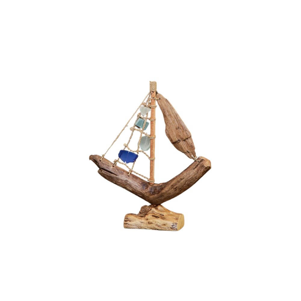 Small Driftwood Boat with Recycled Glass, 13"