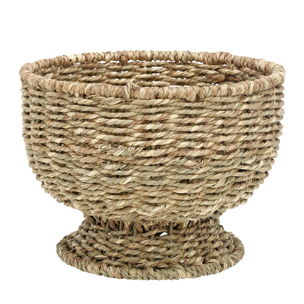 Small round handwoven seagrass basket with natural texture, 9 inches diameter.