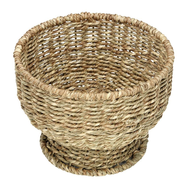 Small round handwoven seagrass basket with natural texture, 9 inches diameter.