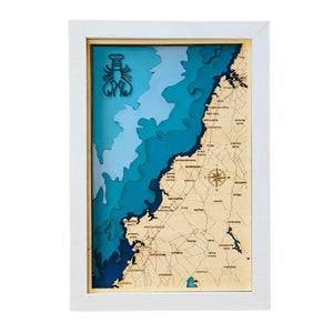 Southern Maine Coastal Map, White Frame, Framed Coastal Artwork