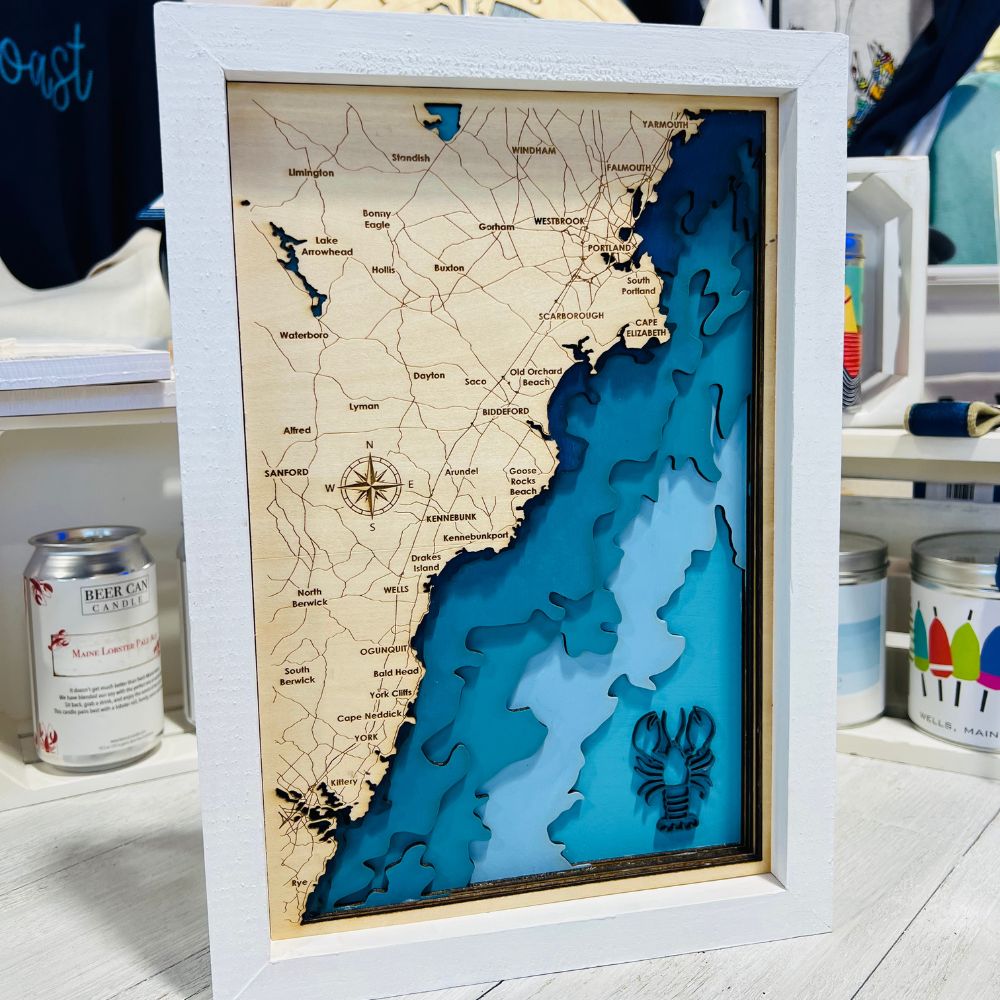 Southern Maine Coastal Map, White Frame, Framed Coastal Artwork