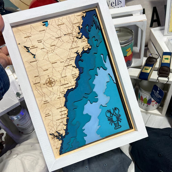 Southern Maine Coastal Map, White Frame, Framed Coastal Artwork