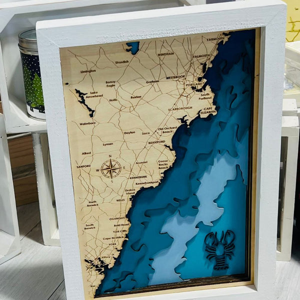 Southern Maine Coastal Map, White Frame, Framed Coastal Artwork