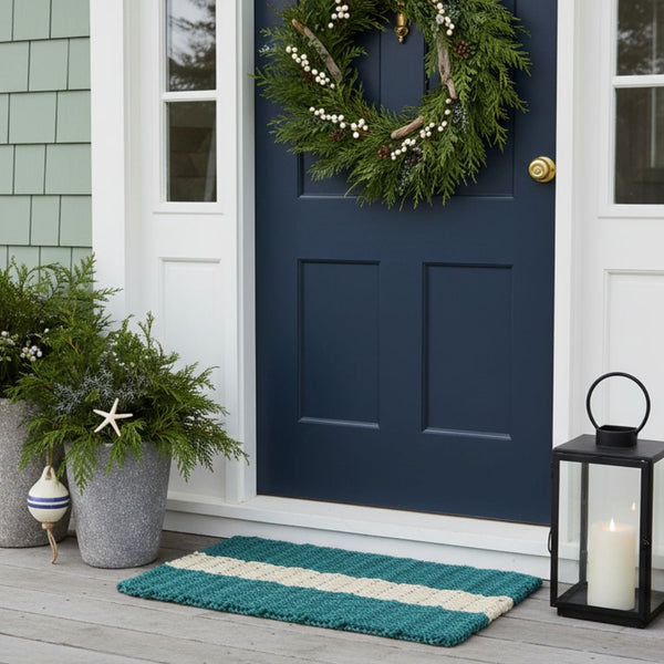 Spruce Light Tan Stripe Wicked Good Lobster Rope Doormat, Heavy Duty Outdoor Doormat Made In Maine