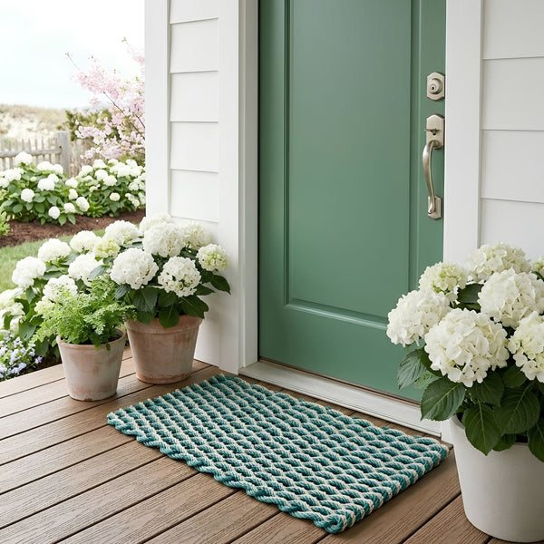 Spruce and Sand Double Weave Lobster Rope Doormat At A Front Door, Wicked Good Doormats™, Outdoor Entryway Decor, All-Weather Mat, Coastal Housewarming Gift, Made In Maine