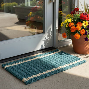 Spruce Green with Light Tan Tailored Stripes Lobster Rope Doormat, Outdoor Doormats Woven in Maine