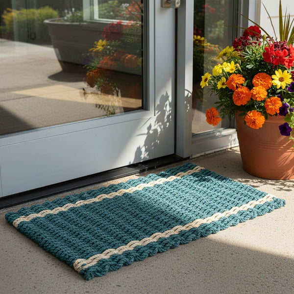 Spruce Green with Light Tan Tailored Stripes Lobster Rope Doormat, Outdoor Doormats Woven in Maine