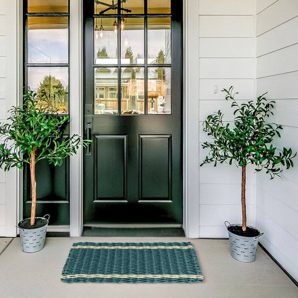 Doormats Outdoor Use, Spruce with Light Tan Tailored Stripes Wicked Good Lobster Rope Doormat