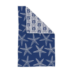 Coastal-inspired microfiber tea towel made from 5 recycled plastic bottles, ultra-soft, super absorbent, quick-drying, and double-sided.