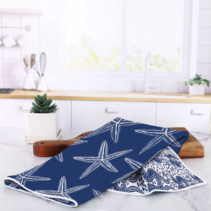 Eco-friendly coastal tea towel with waffle weave microfiber, made from recycled plastic bottles, soft, durable, and quick-drying.