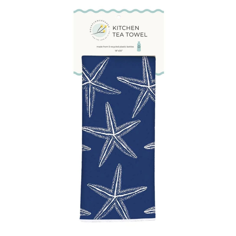 Coastal-inspired microfiber tea towel made from 5 recycled plastic bottles, ultra-soft, super absorbent, quick-drying, and double-sided.