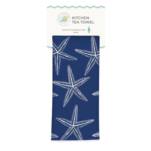 Sustainable Blu Collection coastal tea towel, crafted from recycled plastic bottles, textured waffle weave, supporting ocean conservation