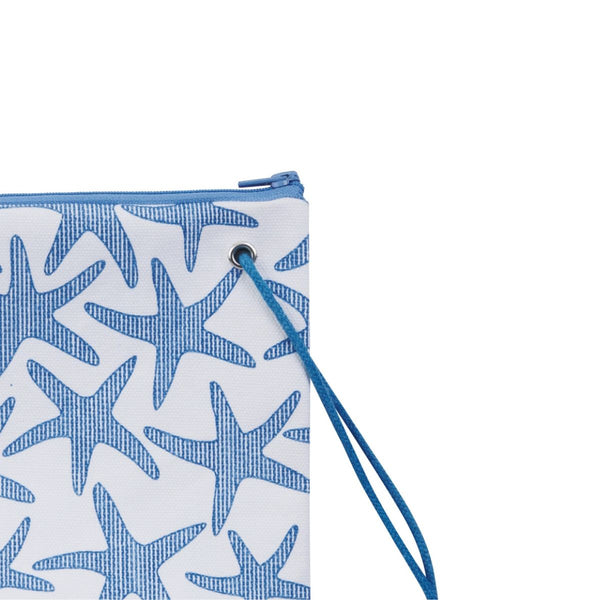 Pouch with blue and white pattern and strap on a white background