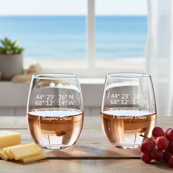 Customized stemless wine glasses that capture the exact GPS coordinates of your chosen location, Latitude & Longitude Glasses, Stemless Wine, Set of 4