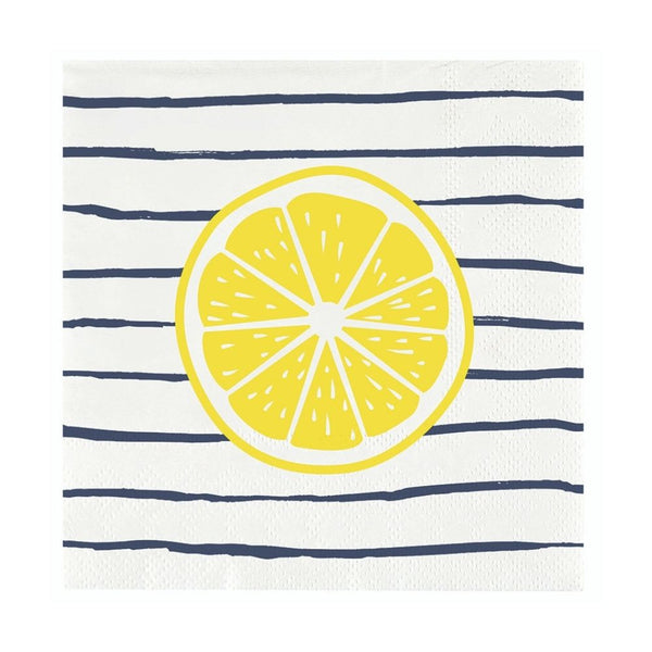 Blue striped cocktail napkin with yellow lemon slice design