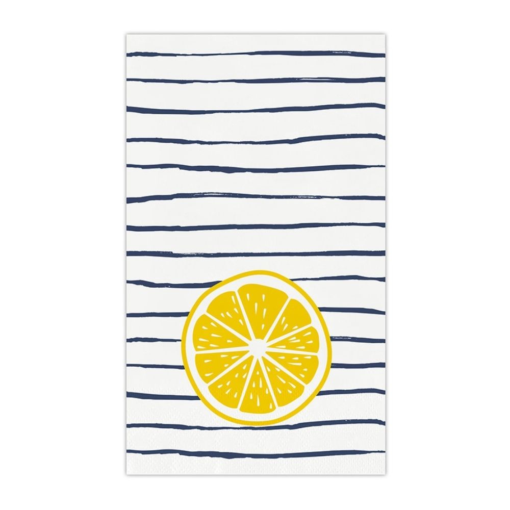 Ceramic guest napkin tray with striped lemon napkins tied with navy ribbon