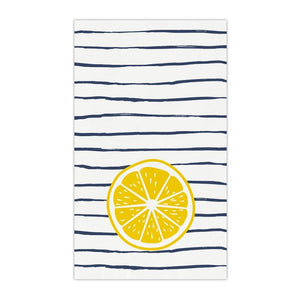 Striped lemon guest napkin design with yellow lemon slice and blue stripes
