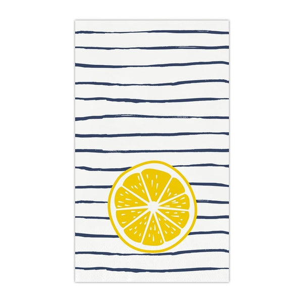 Striped lemon guest napkin design with yellow lemon slice and blue stripes