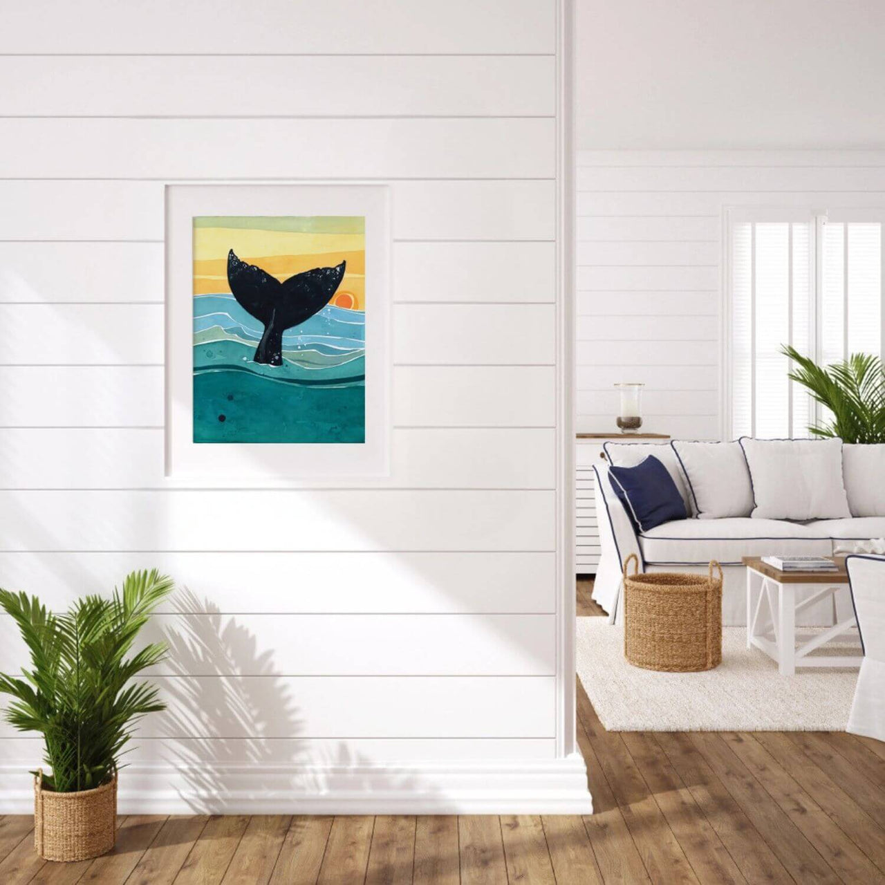 Whale Tail Sunset Watercolor Art Print, 8 x 10