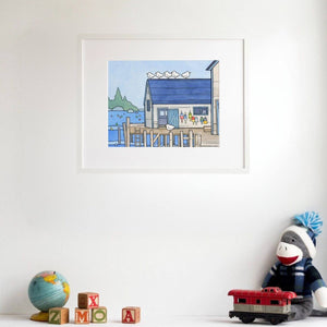 Whimsical New England Seascape Print, Lobster Dock Art Print, 8 x 10
