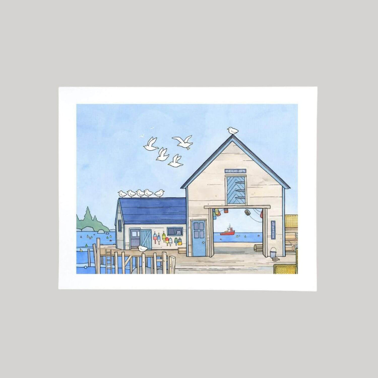 Lobster Fishing Dock, Maine Fishing Town Nautical Art Print, 11 x 14