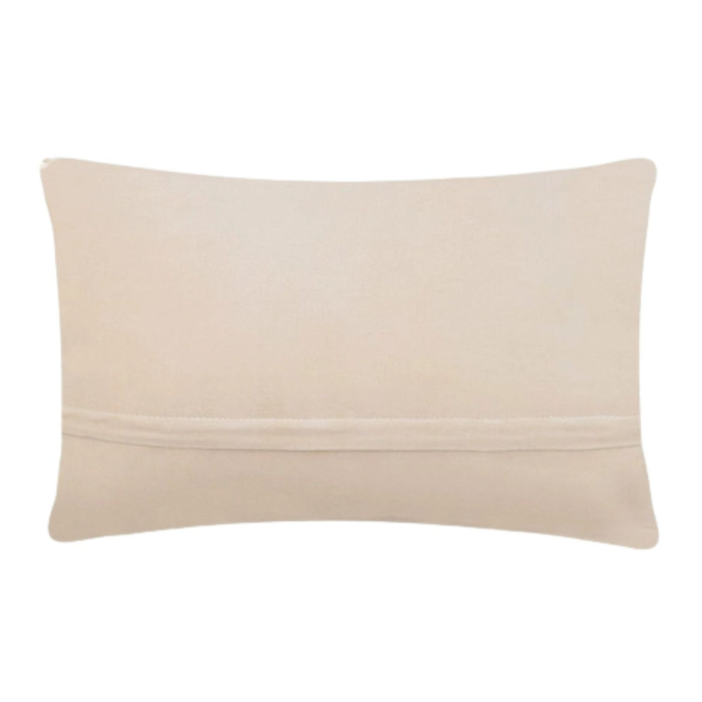 A rectangular 8x12 hooked wool pillow with "SURF" written in aqua blue text; the letter "R" features a stylized ocean wave design.