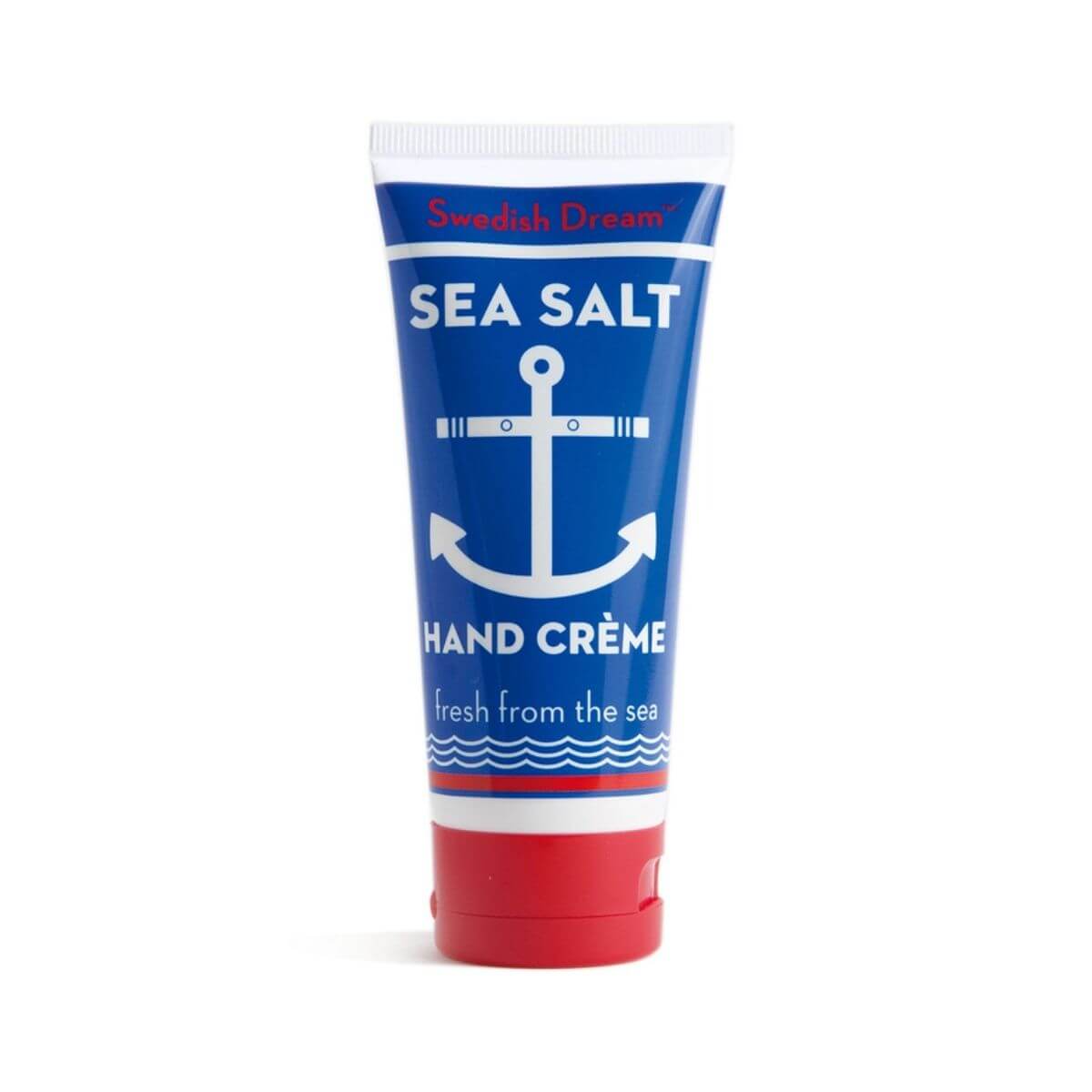 Tube of Swedish Dream Sea Salt Hand Creme with blue and red design on a white background